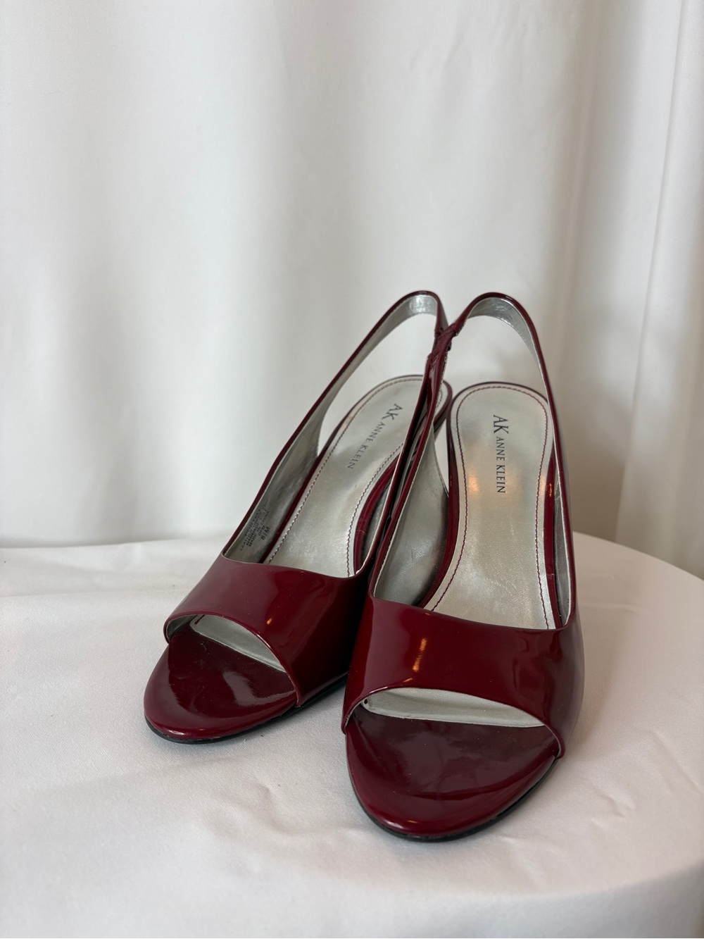 Anne Klein Wine Red Patent Slingback Peep-Toe Heels